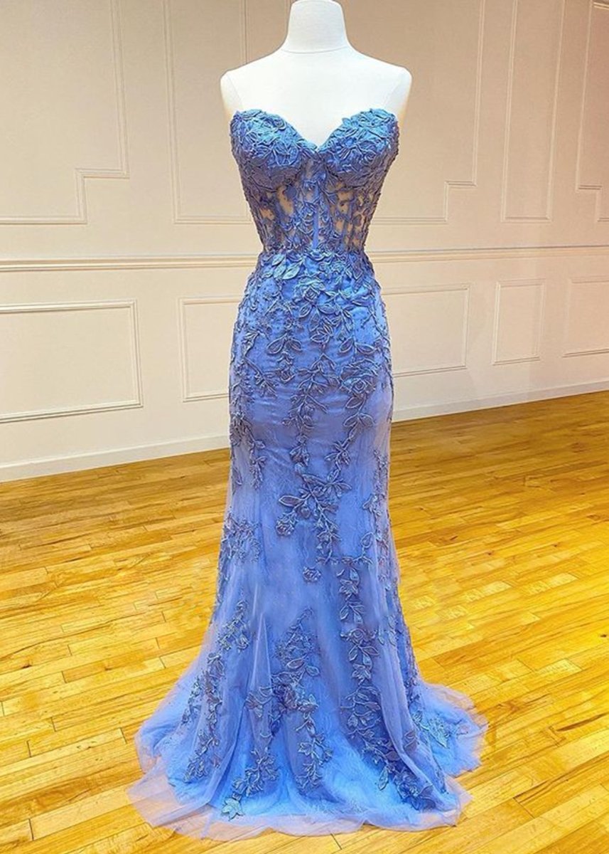 Sky Blue Tulle Mermaid Evening Dress with Strapless Neckline and Appliques