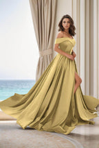 Elegant A Line Court Train Satin Prom Dress for Prom