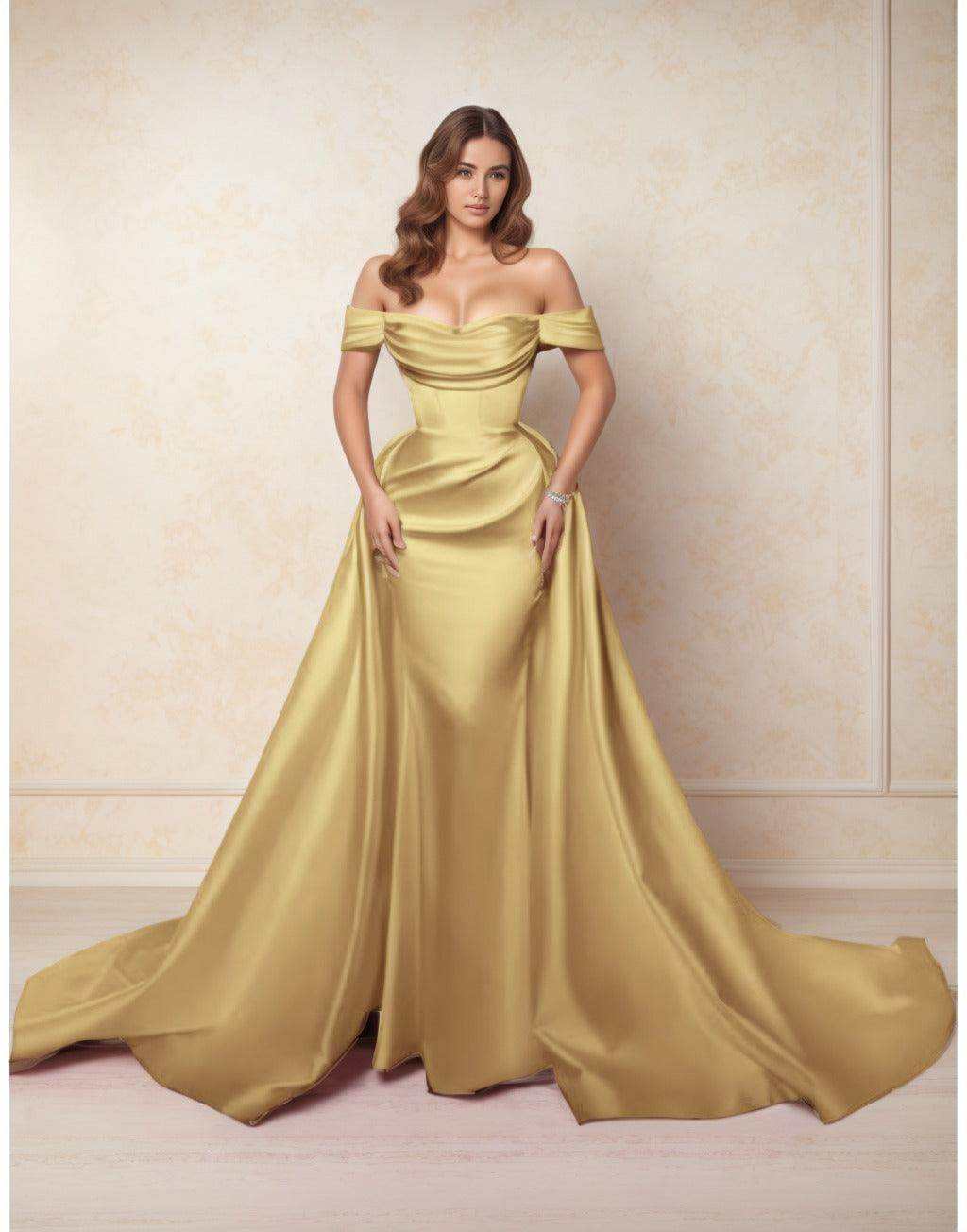 Elegant A Line Chapel Train Satin Prom Dress for Prom