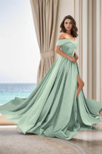 Elegant A Line Court Train Satin Prom Dress for Prom