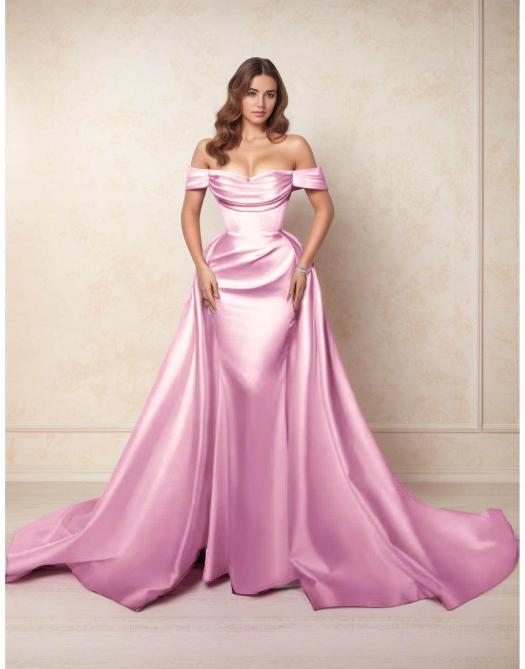 Elegant A Line Chapel Train Satin Prom Dress for Prom