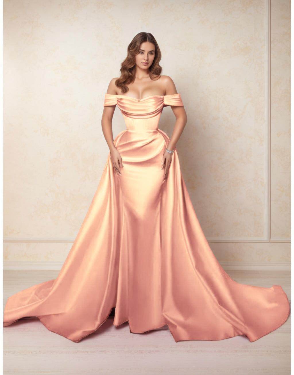 Elegant A Line Chapel Train Satin Prom Dress for Prom
