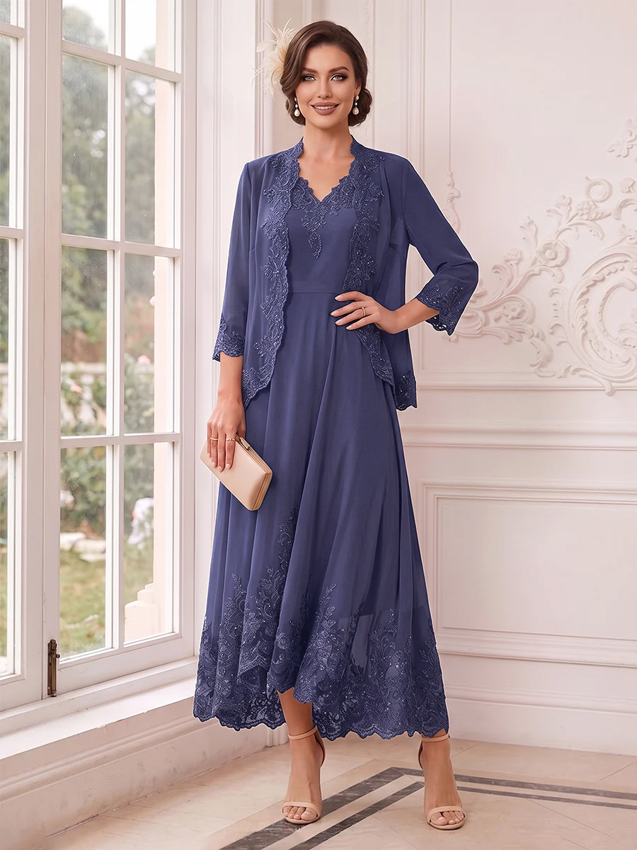 Valentina Wren Dusty Blue front view mother of the bride dress