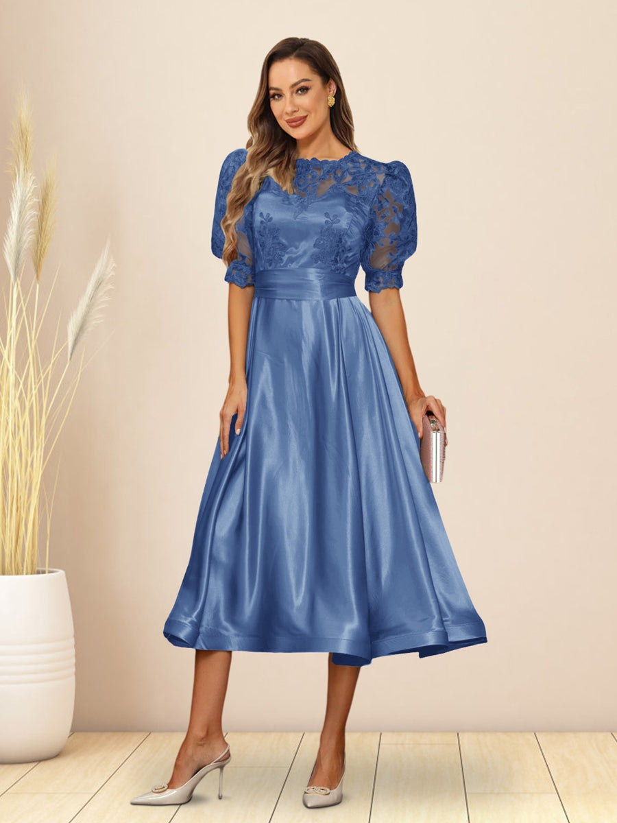 Paloma Wren Steel Blue front view wedding guest dress