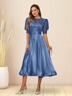 Paloma Wren Steel Blue front view wedding guest dress