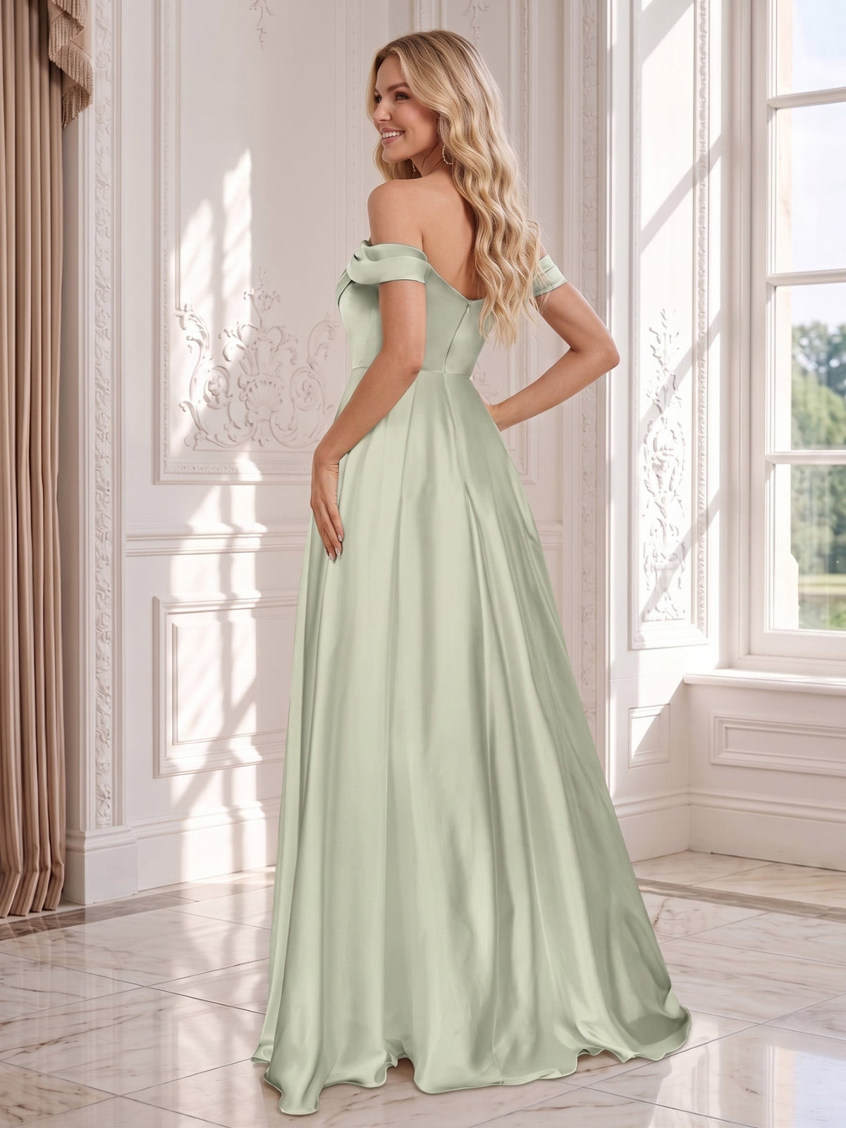 Nerissa Bloom Sage Green back view wedding guest dress