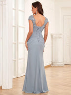 Alessandra Rue Dusty Blue back view mother of the bride dress