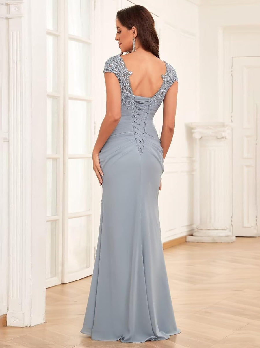 Alessandra Rue Dusty Blue back view mother of the bride dress