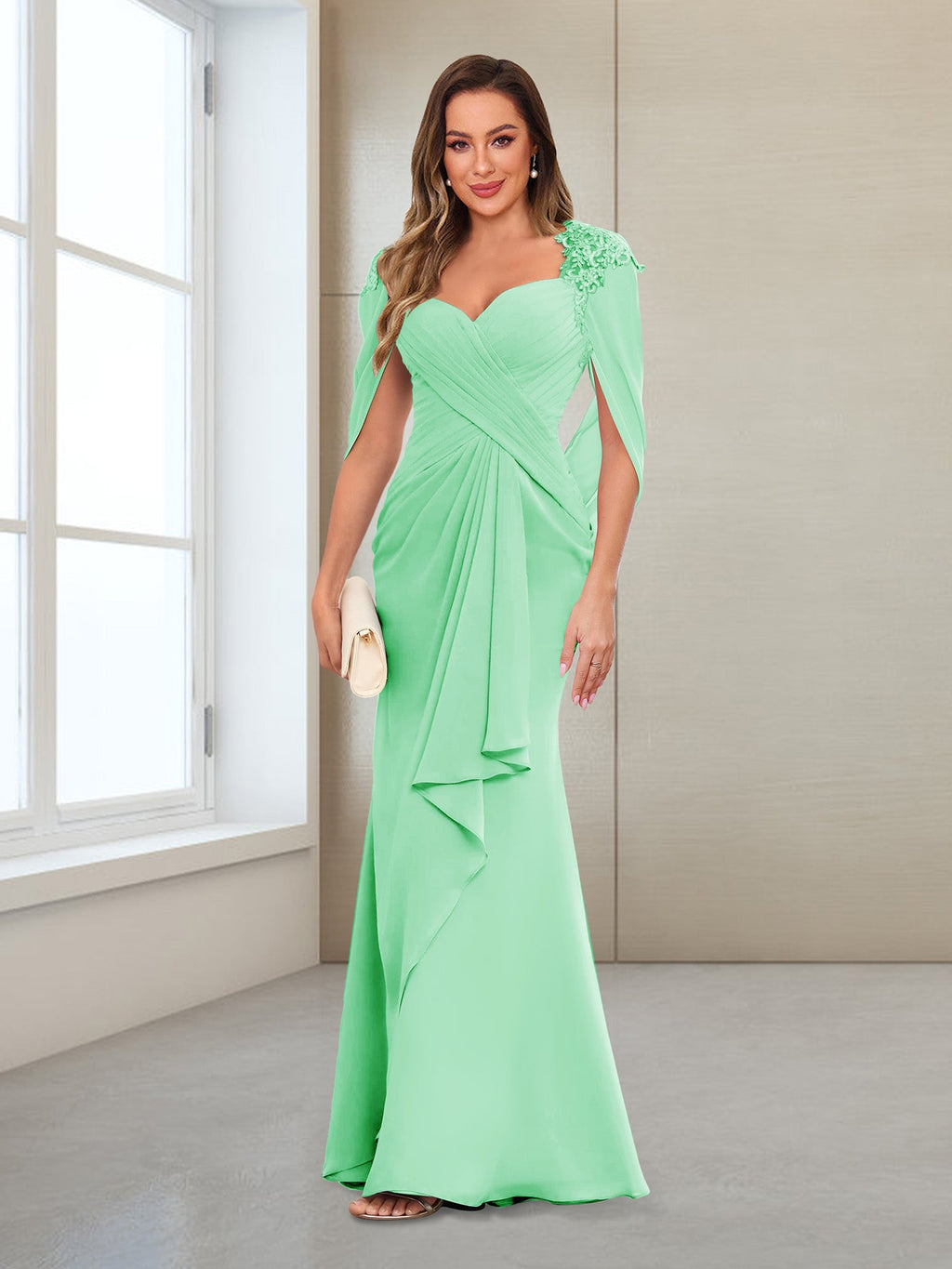Cora Elise Mint Green front view mother of the bride dress