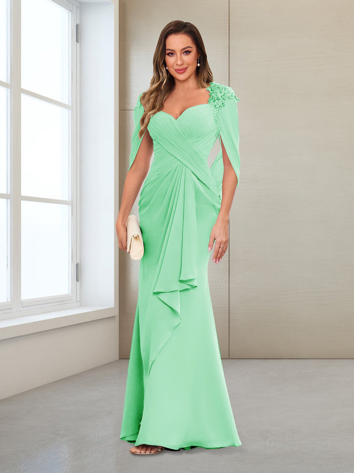 Cora Elise Mint Green front view mother of the bride dress