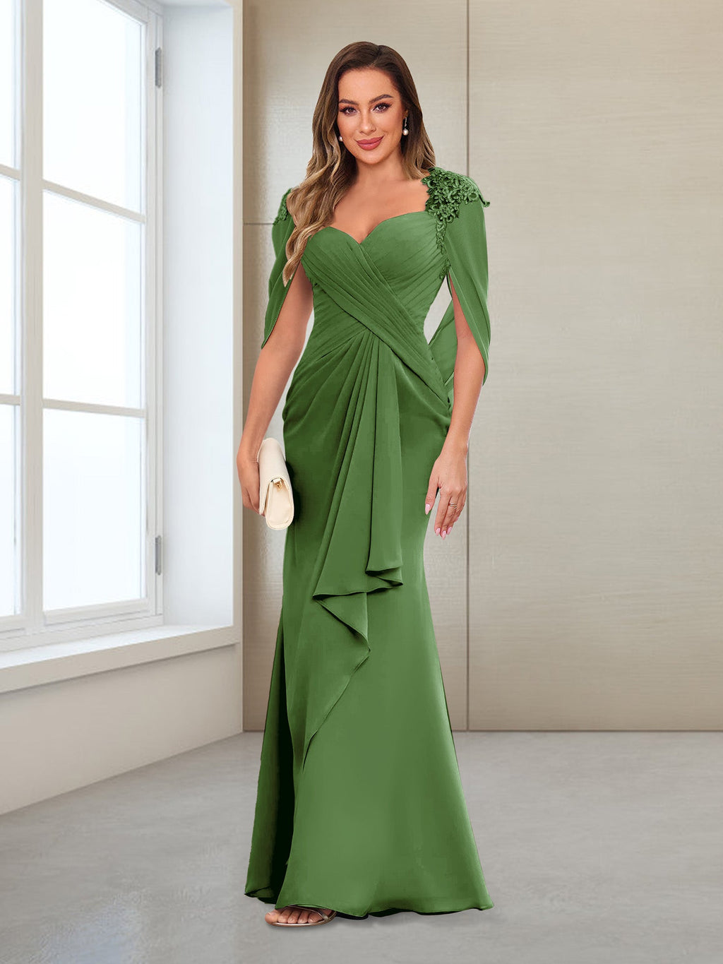 Cora Elise Olive Green front view mother of the bride dress