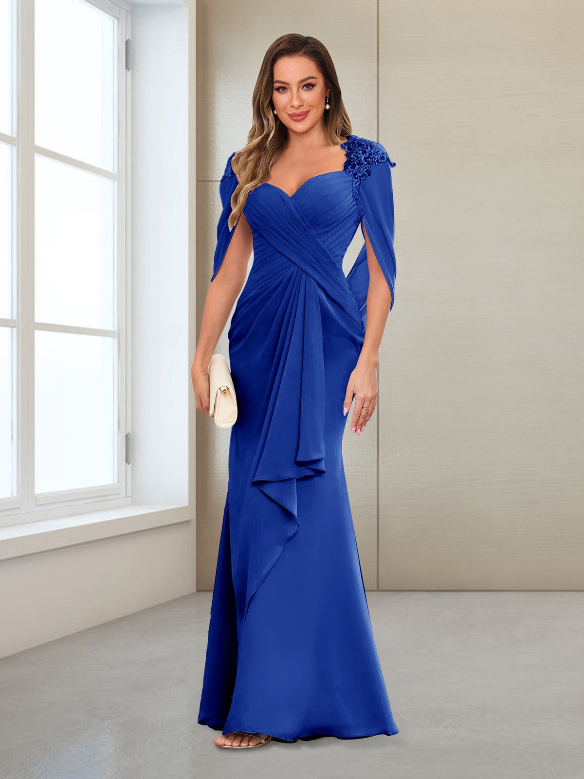 Cora Elise Royal Blue side view mother of the bride dress