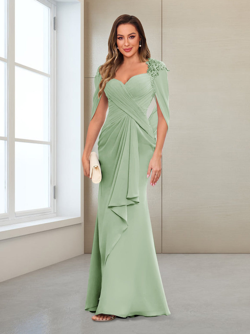 Cora Elise Sage Green front view mother of the bride dress