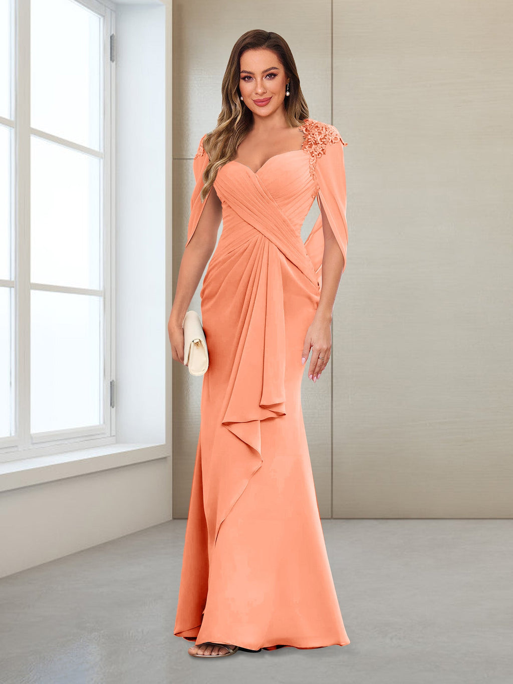 Cora Elise Coral front view mother of the bride dress