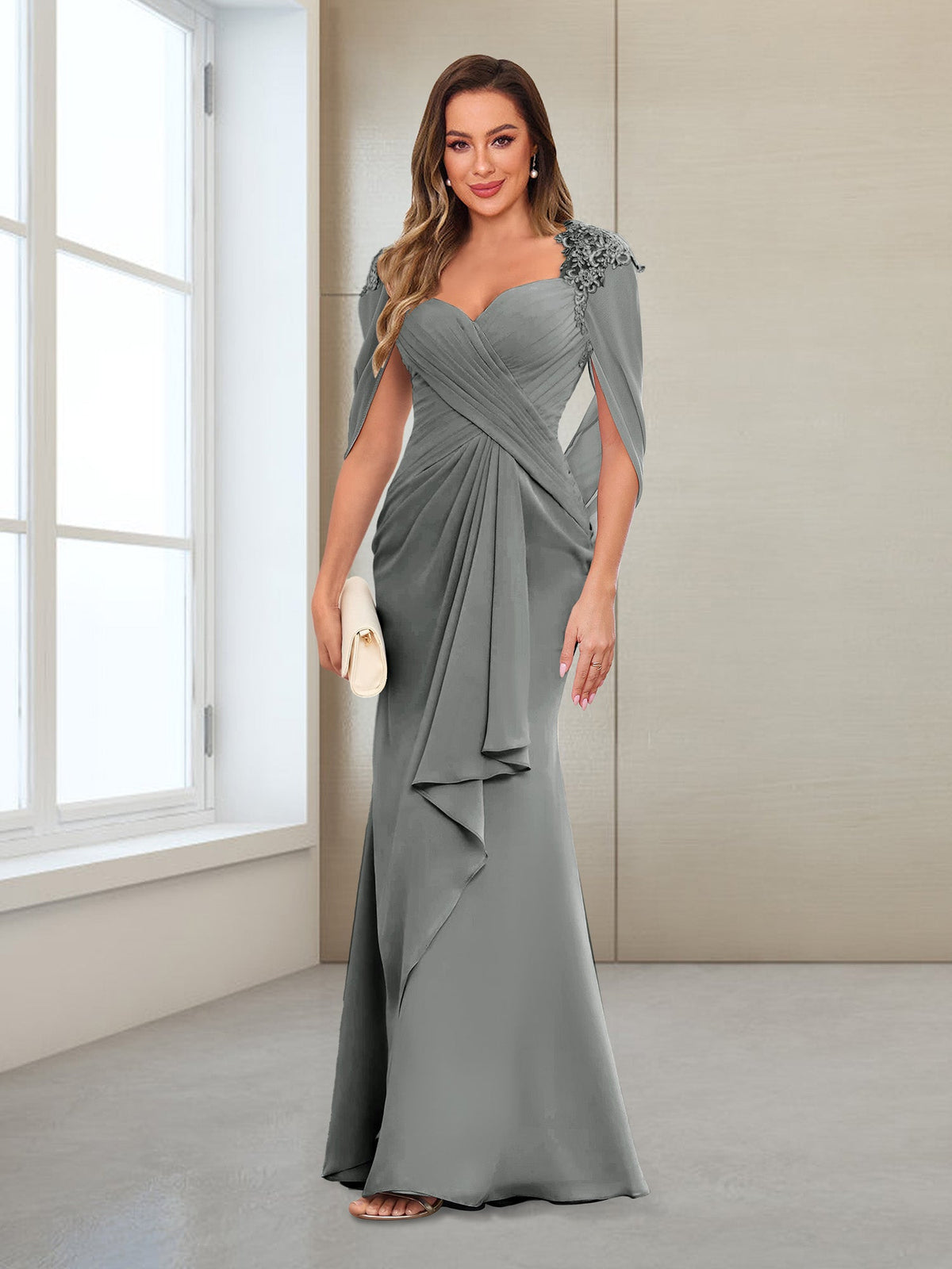 Cora Elise Steel Grey front view mother of the bride dress