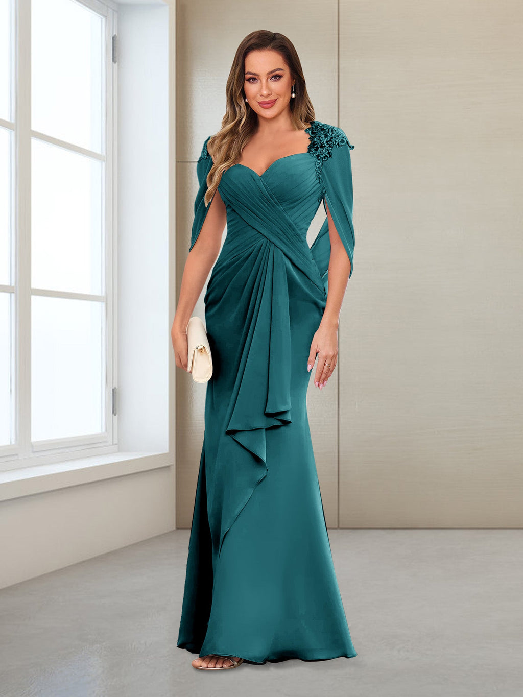 Cora Elise Teal front view mother of the bride dress