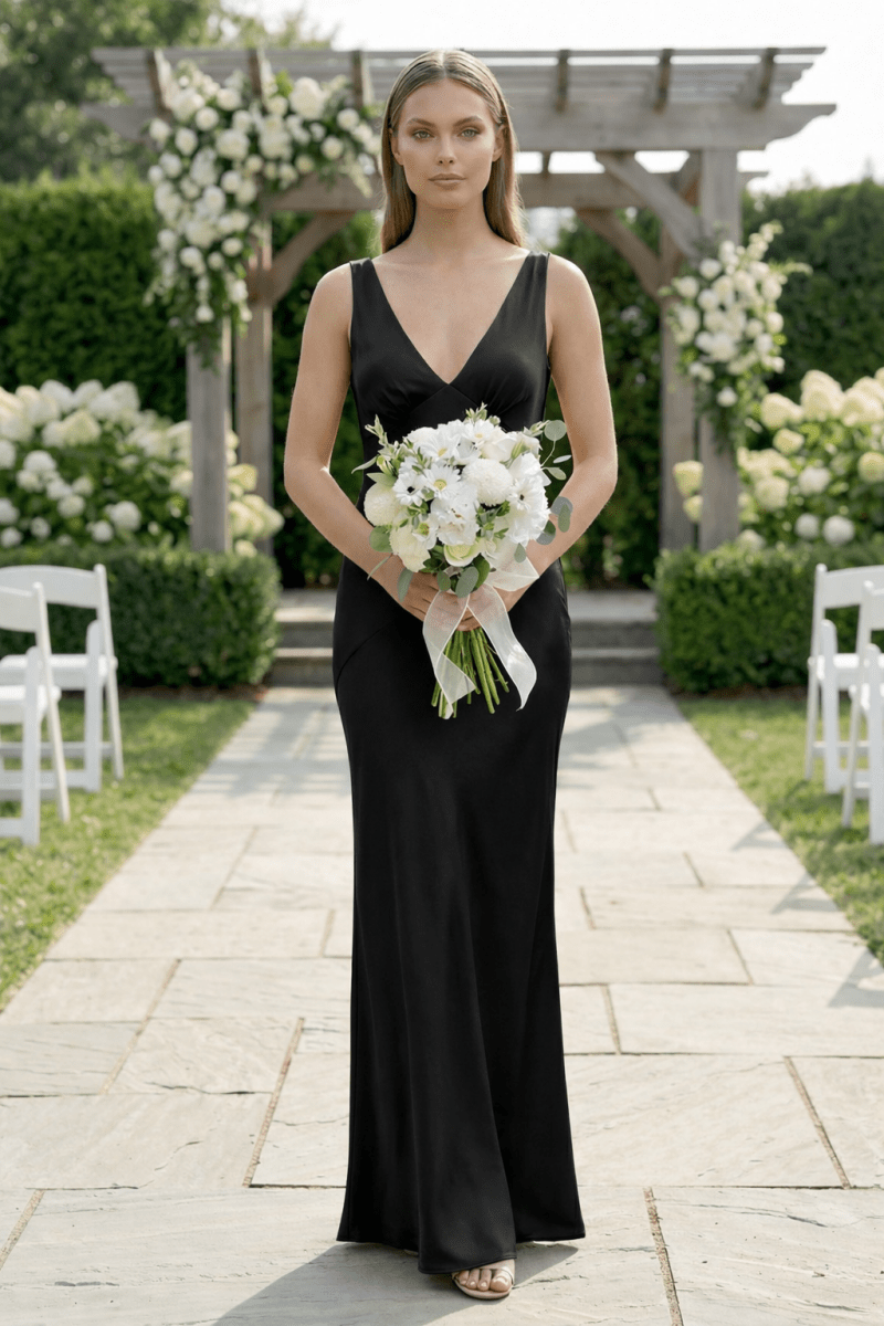 Orange Satin Sheath Bridesmaid Dress with V-Neck Neckline