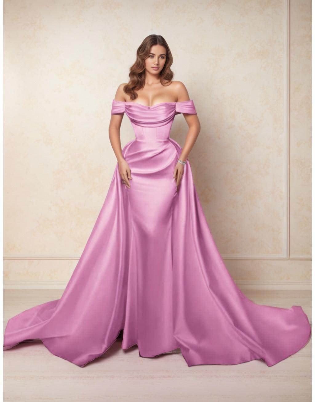 Elegant A Line Chapel Train Satin Prom Dress for Prom