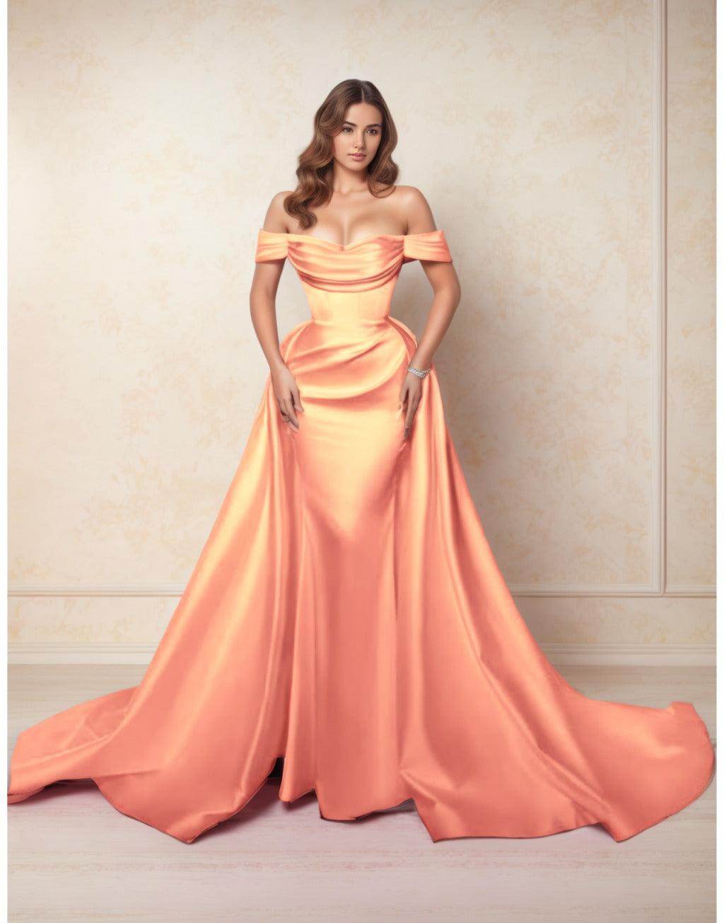 Elegant A Line Chapel Train Satin Prom Dress for Prom