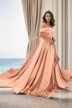 Elegant A Line Court Train Satin Prom Dress for Prom