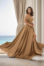 Elegant A Line Court Train Satin Prom Dress for Prom
