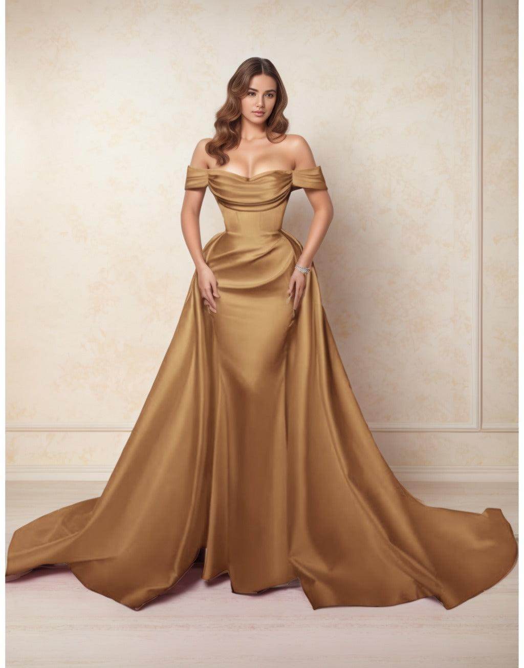 Elegant A Line Chapel Train Satin Prom Dress for Prom