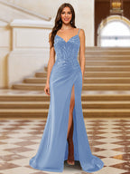 Quenby steel blue front view prom dress