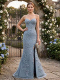Phaedra steel blue front view prom dress