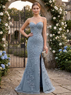 Phaedra steel blue front view prom dress