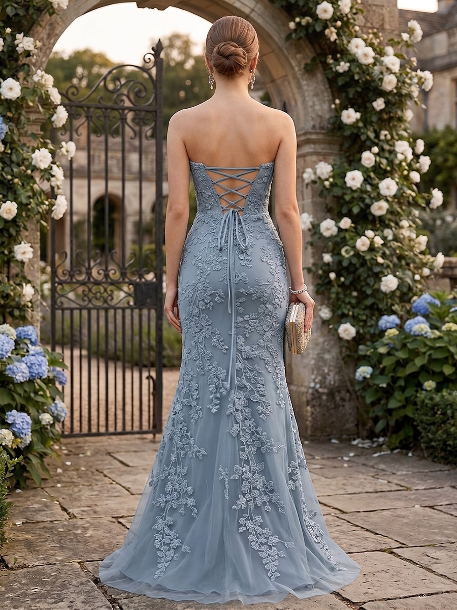 Phaedra steel blue back view prom dress