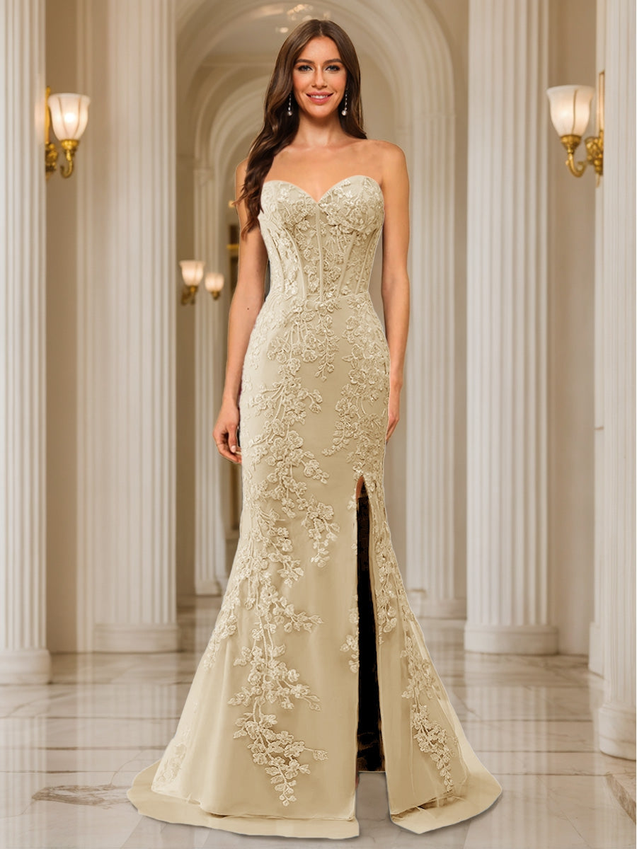 Phaedra champagne front view prom dress
