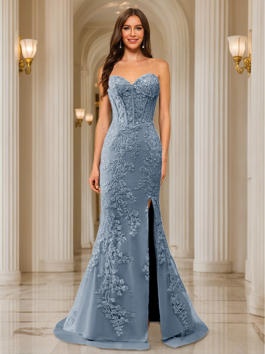 Phaedra dusty blue front view prom dress
