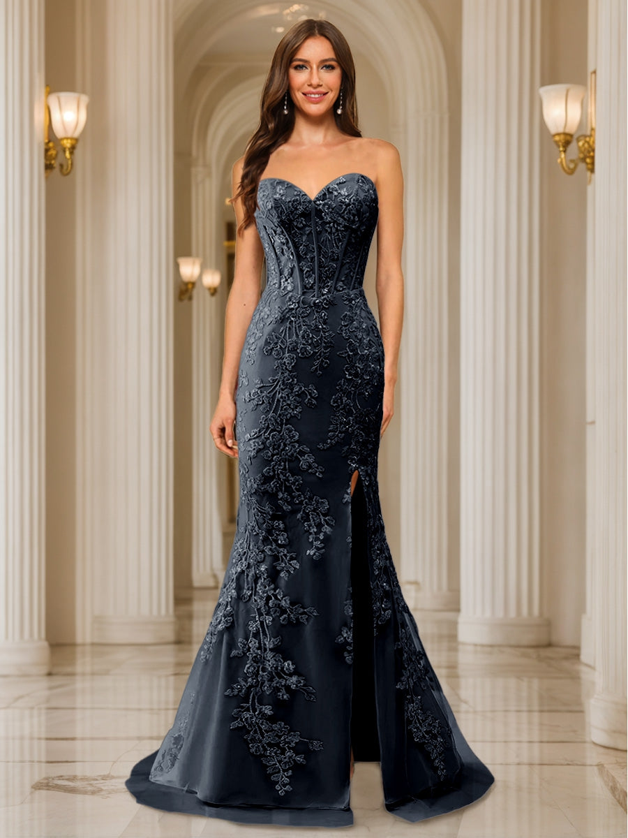 Phaedra navy blue front view prom dress