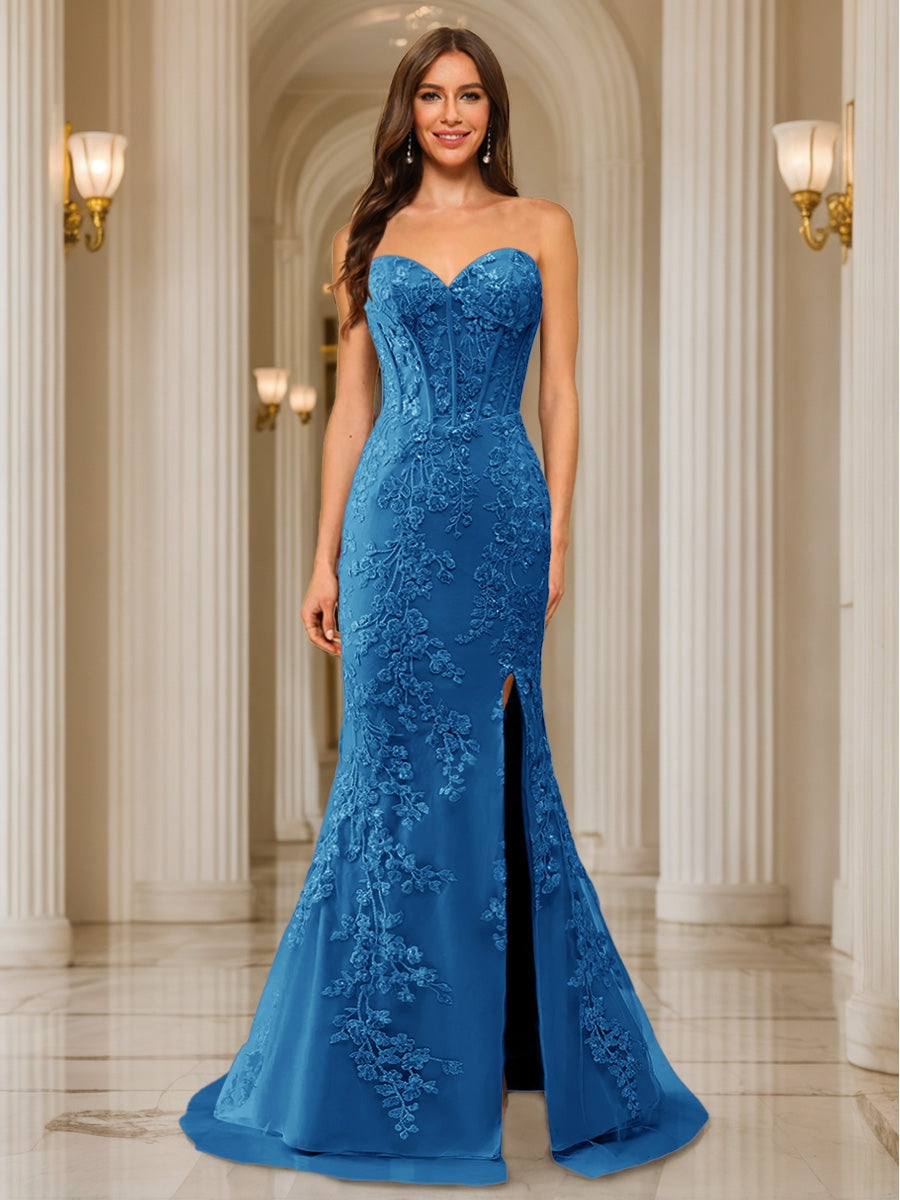 Phaedra ocean blue front view prom dress