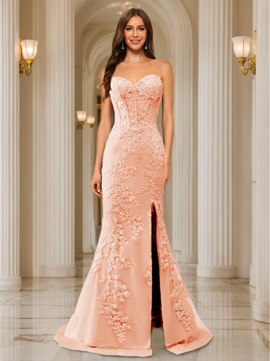 Phaedra peach front view prom dress