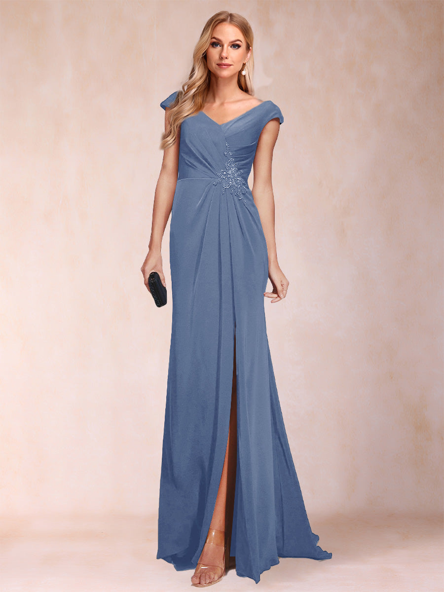 Paula Rose Steel Blue front view mother of the bride dress