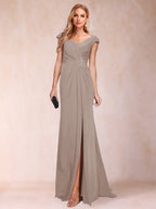 Paula Rose Taupe front view mother of the bride dress