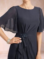 Gwendolyn Sage Navy Blue hem detail mother of the bride dress