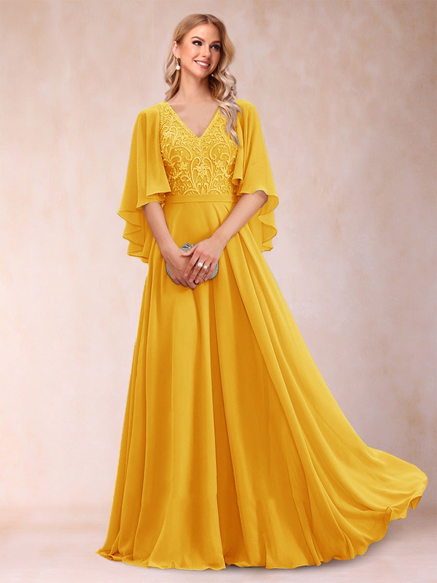 Pia Claire Gold front view mother of the bride dress