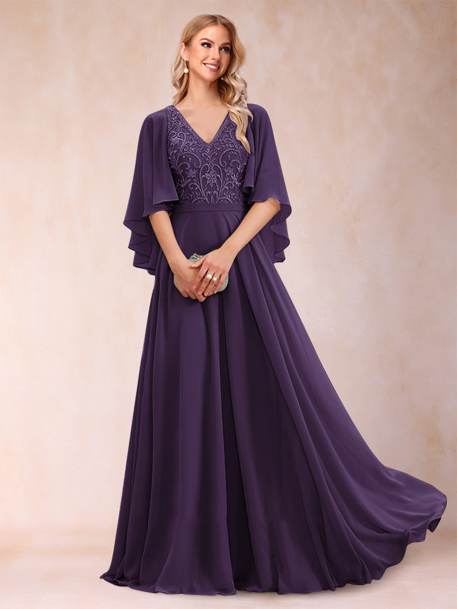Pia Claire Grape front view mother of the bride dress