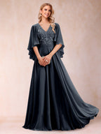 Pia Claire Navy Blue front view mother of the bride dress