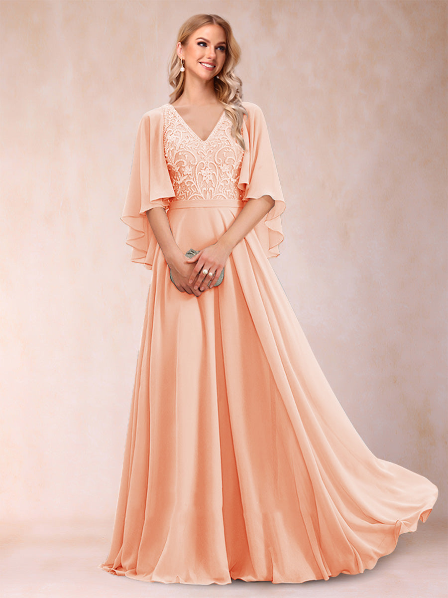 Pia Claire Peach front view mother of the bride dress