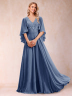 Pia Claire Steel Blue front view mother of the bride dress