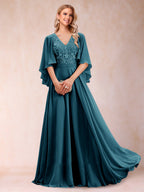 Pia Claire Teal front view mother of the bride dress