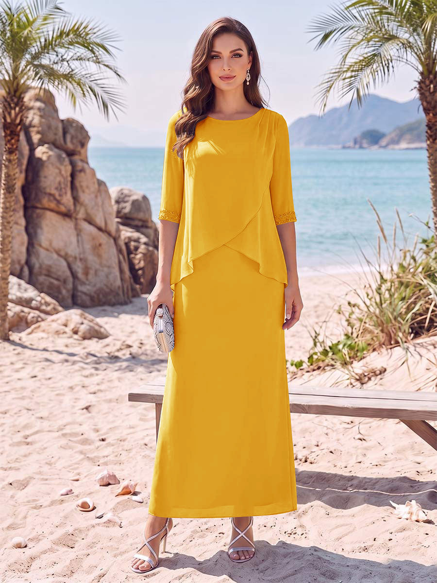 Melisande gold front view mother of the bride dress