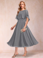 Celeste Rose Steel Grey front view mother of the bride dress
