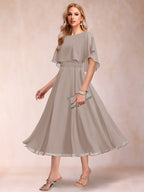 Celeste Rose Taupe front view mother of the bride dress
