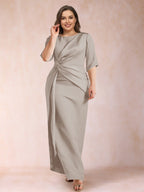 Iliana Taupe front view wedding guest dress