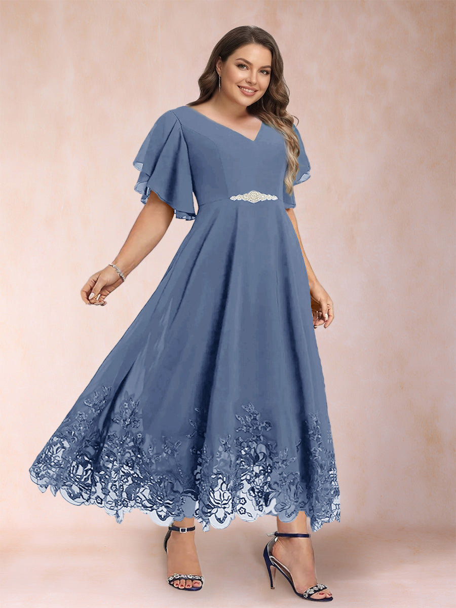 Tara Rose Steel Blue front view mother of the bride dress