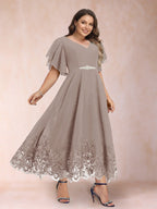 Tara Rose Taupe front view mother of the bride dress